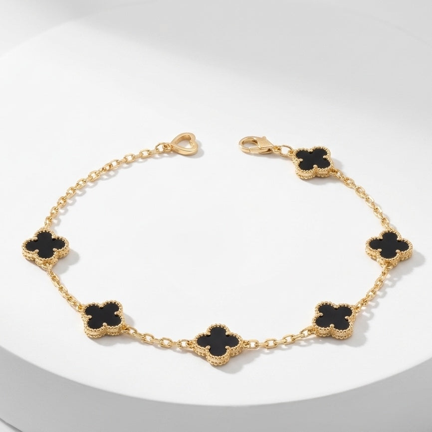 Dainty Four-Leaf Tulip Clover Black Chain Bracelet