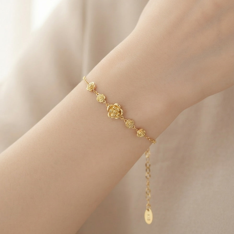Gold-Plated Carved Rose Flower Chain Bracelet