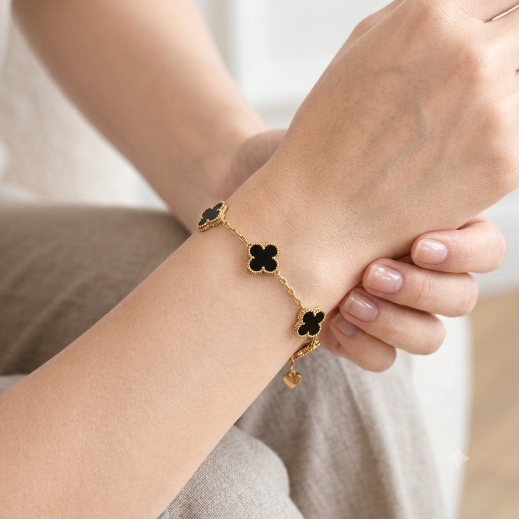 Dainty Four-Leaf Tulip Clover Black Chain Bracelet