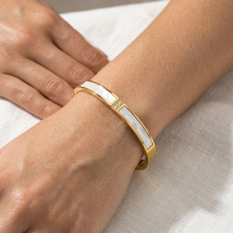 Gold-Plated Mother of Pearl Hinged Bangle Bracelet