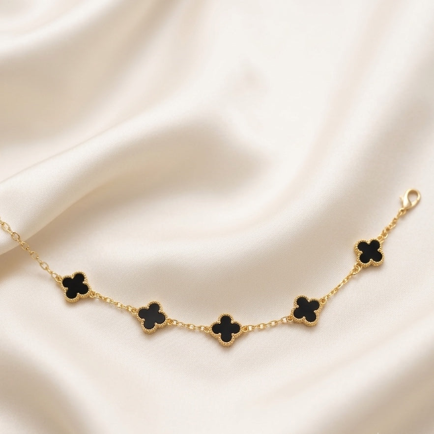 Dainty Four-Leaf Tulip Clover Black Chain Bracelet