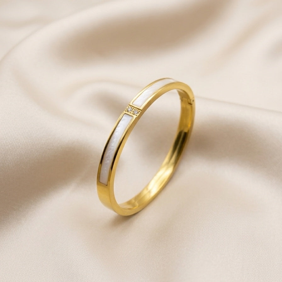 Gold-Plated Mother of Pearl Hinged Bangle Bracelet