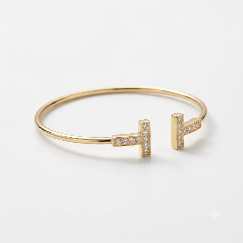 Gold-Plated Pave T-Bar Open Cuff Bangle