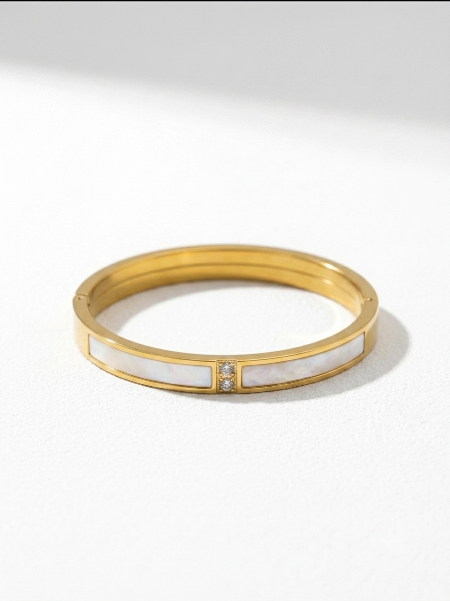Gold-Plated Mother of Pearl Hinged Bangle Bracelet