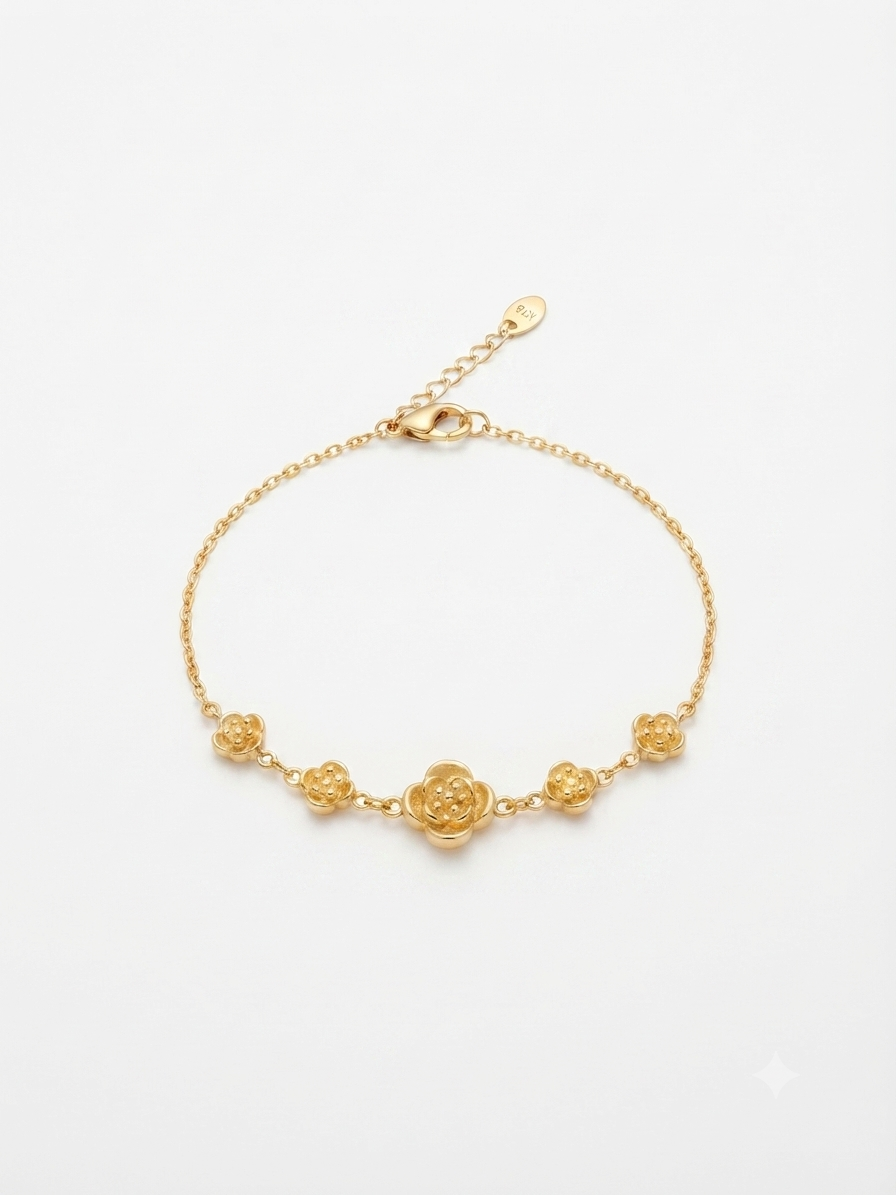 Gold-Plated Carved Rose Flower Chain Bracelet