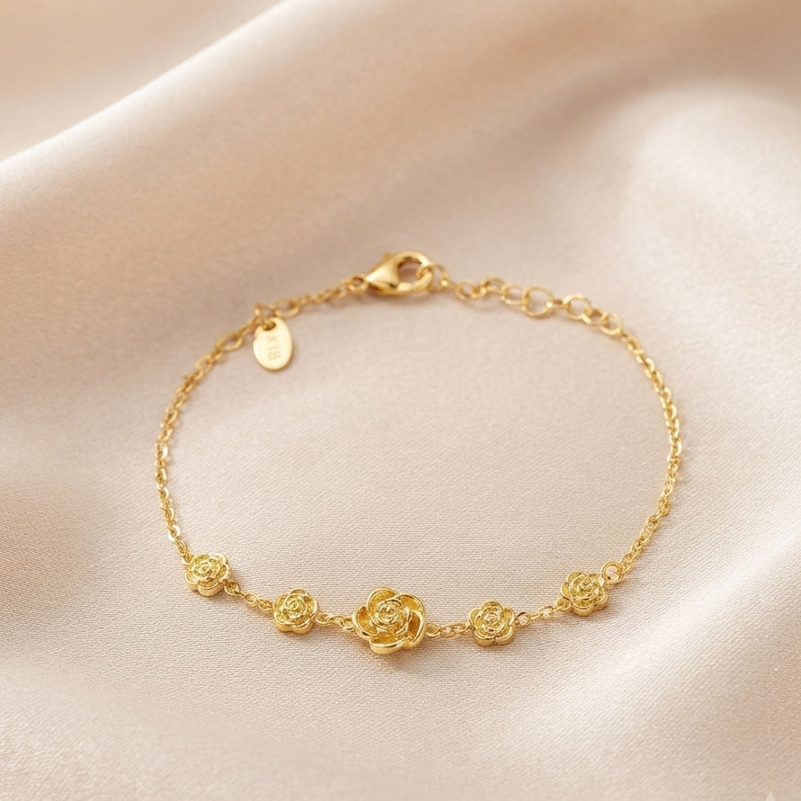 Gold-Plated Carved Rose Flower Chain Bracelet