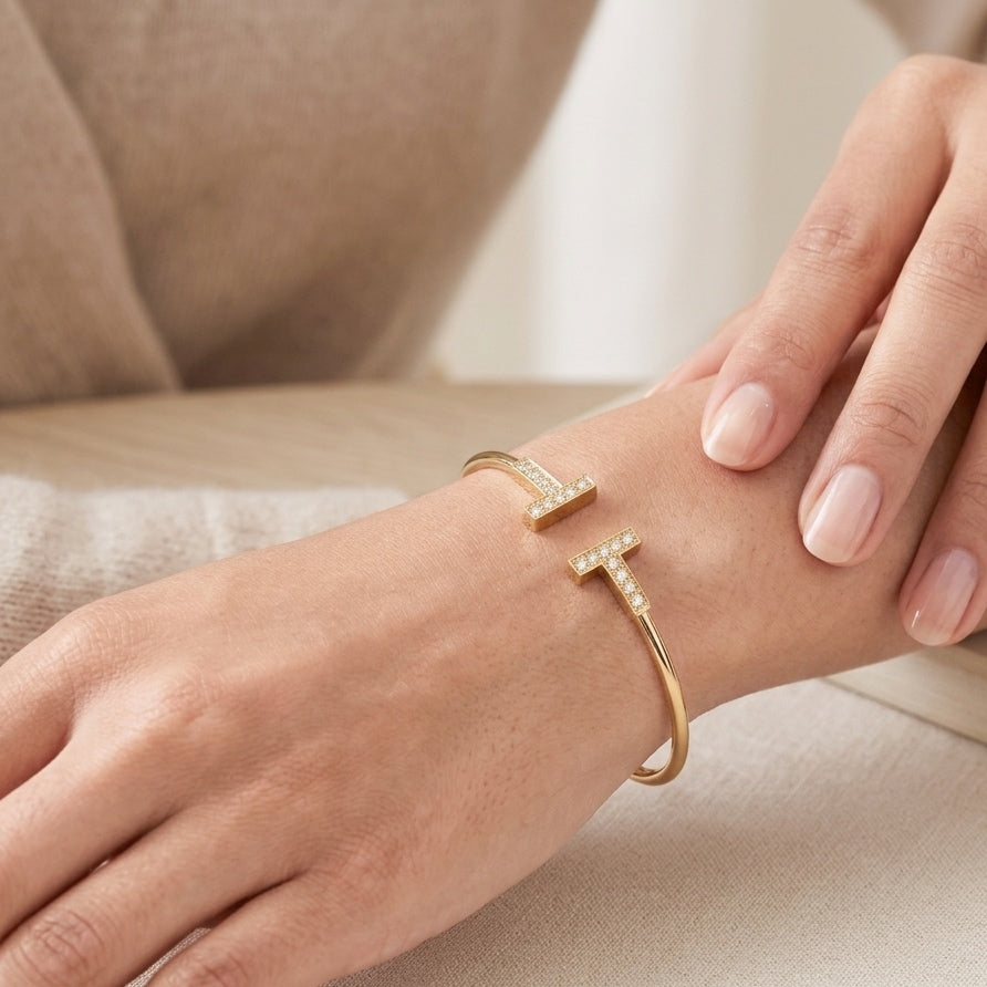 Gold-Plated Pave T-Bar Open Cuff Bangle