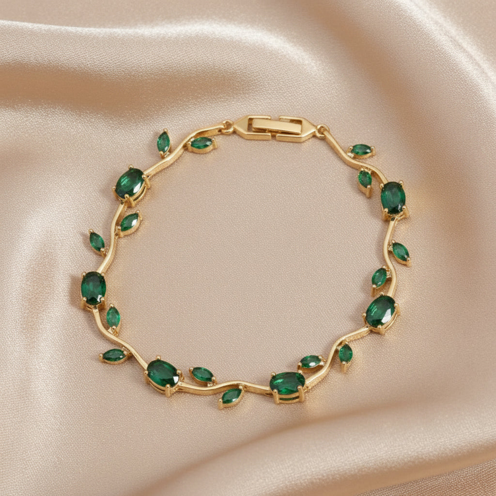 Emerald Green Leaf Vine Bracelet in Gold Tone