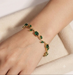 Emerald Green Leaf Vine Bracelet in Gold Tone