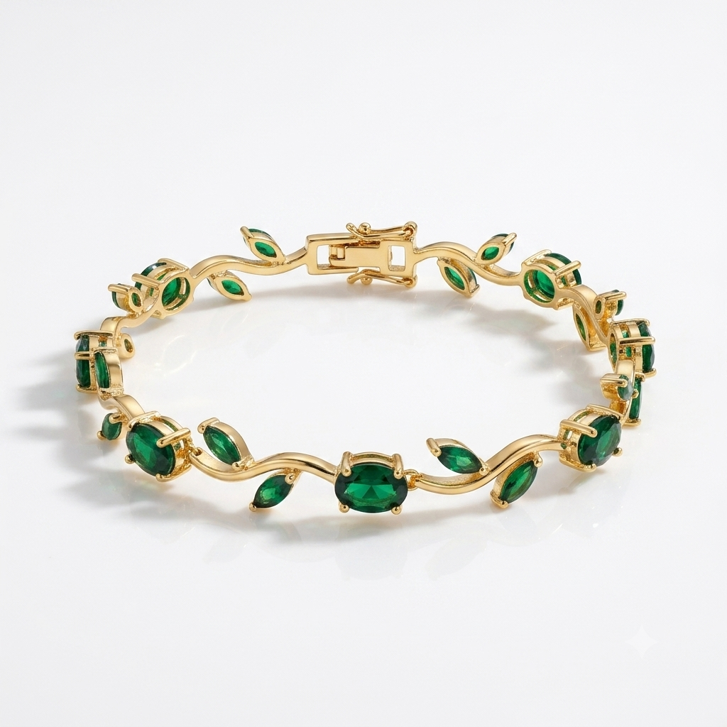 Emerald Green Leaf Vine Bracelet in Gold Tone