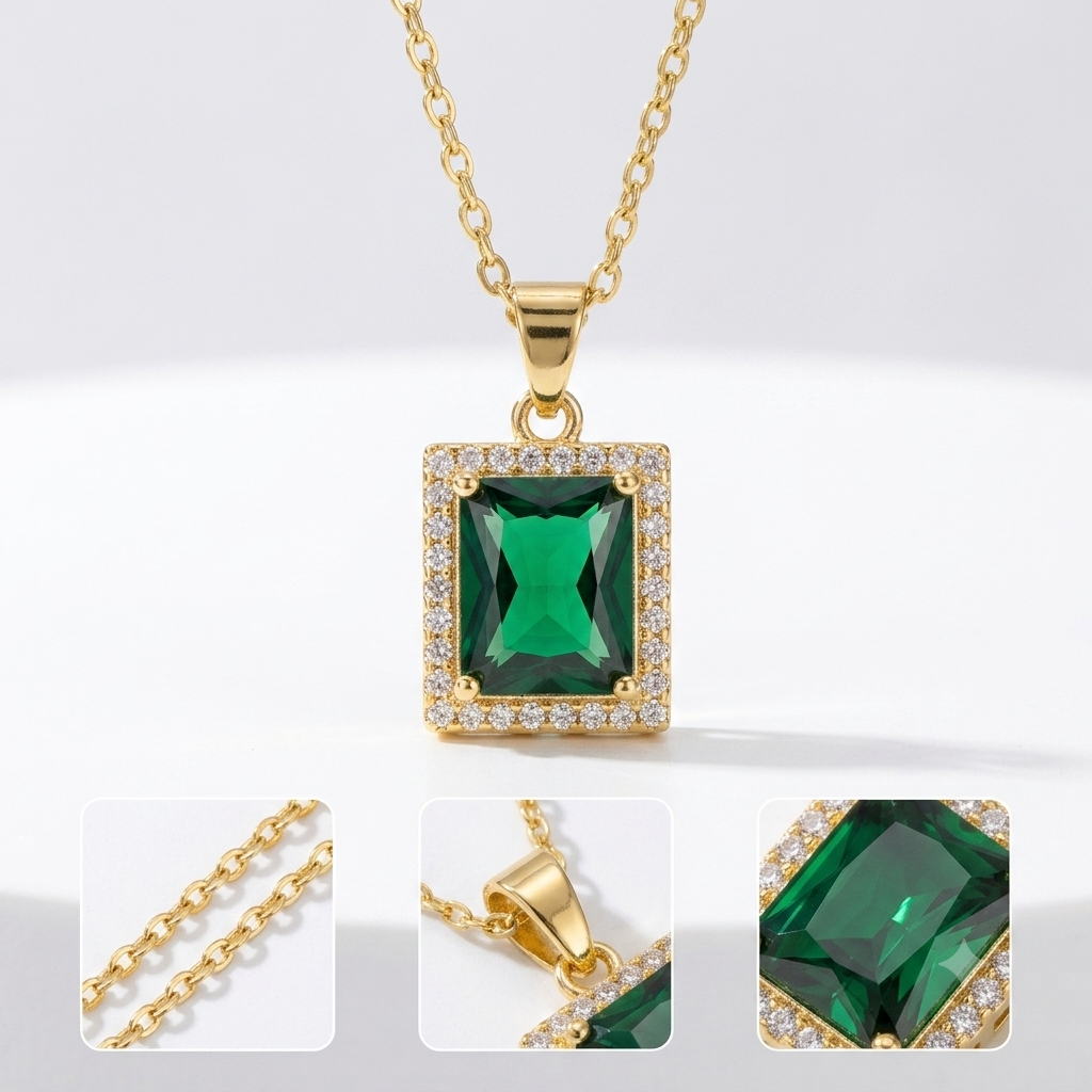 Emerald Royalty Halo Pendant Necklace